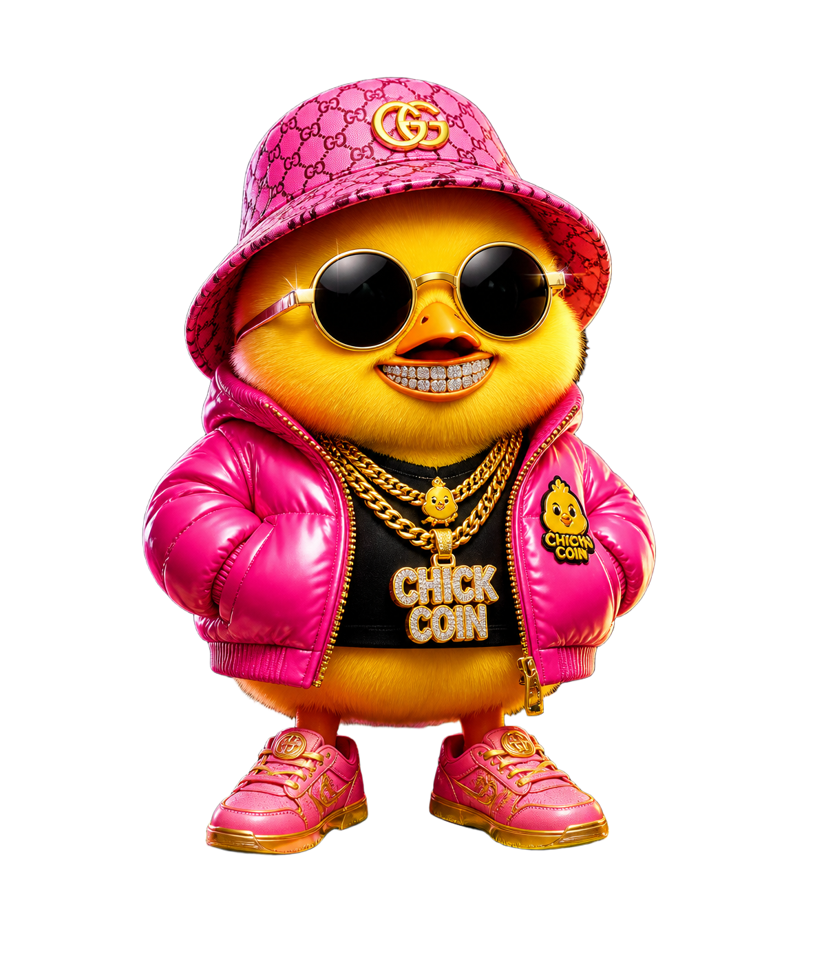 CASHCHIX mascot with diamond grill, gold chains and pink bomber jacket